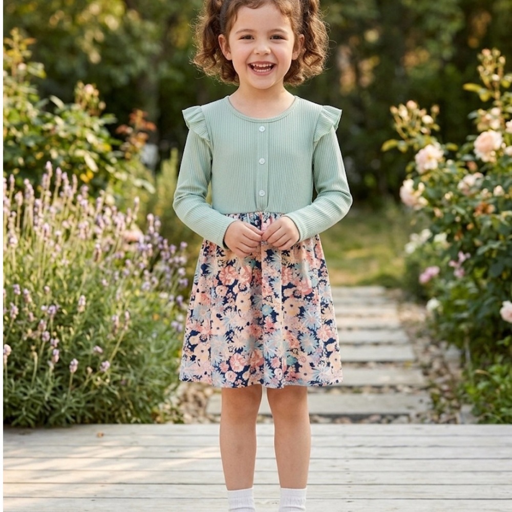 SHEIN Mint Green and Floral Casual Dress for Kids